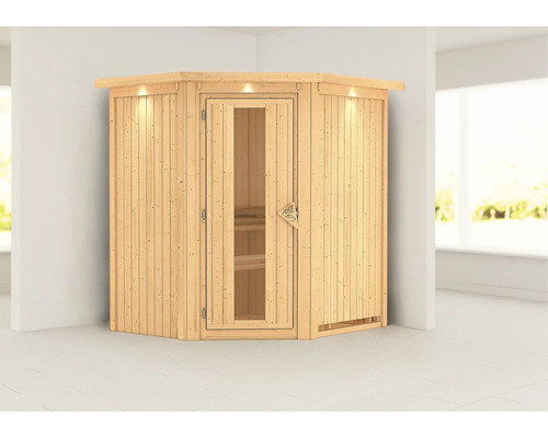 Ecksauna aus Holz mit Glastür und Beleuchtung