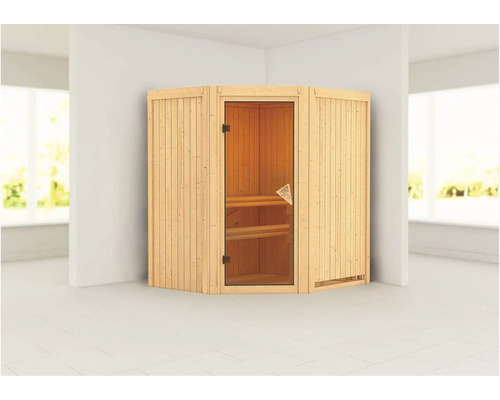 Ecksauna mit Glastür und Holzverkleidung
