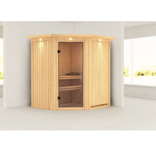 Elementsauna Karibu Maurin ohne Ofen mit Dachkranz und Ganzglastüre aus Klarglas