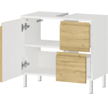 Waschbeckenunterschrank mit zwei Schubladen und einer offenen Tür