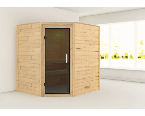 Ecksauna mit Glastür und Holzverkleidung in einem hellen Raum.