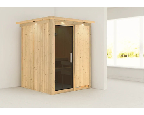 Holzsauna mit Glastür und integrierter Beleuchtung
