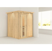 Holzsauna mit Glastür und integrierter Beleuchtung
