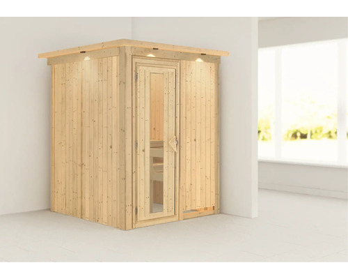 Holzsauna mit Glastür und integrierter Beleuchtung