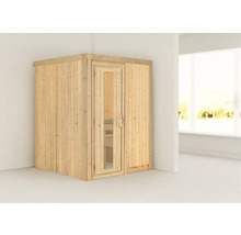 Holzsauna mit Glastür in einem hellen Raum