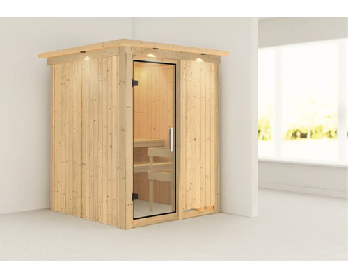Holzsauna mit Glastür und integrierter Beleuchtung