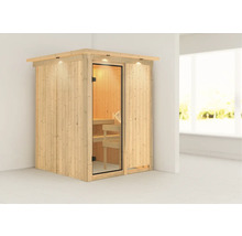 Elementsauna Karibu Norina ohne Ofen mit Dachkranz und bronzierter Ganzglastüre