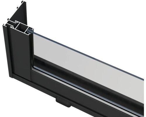 Detailansicht eines schwarzen Fensterrahmens mit Glas