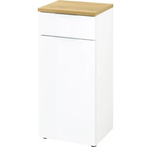 Weißer Badezimmerschrank mit Schublade und Holzplatte