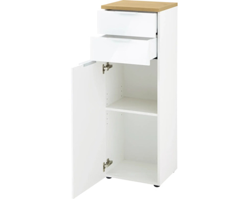 Badezimmerschrank mit zwei Schubladen, einem Fach und einer offenen Tür