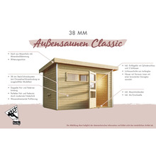 Außensauna Classic 38 Millimeter aus Massivholz mit Einflügeltür, Zylinderschloss und Isolierglas