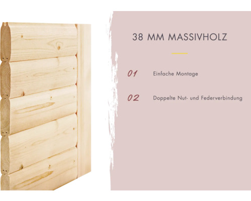 38 Millimeter Massivholz Blockbohlenwand mit einfacher Montage und doppelter Nut- und Federverbindung.