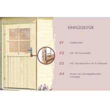 Einflügeltür aus unbehandeltem Holz mit Fenster aus wärmegedämmtem Isolierglas, inklusive Aluminium Türschwelle und Zylinderschloss mit drei Schlüsseln.