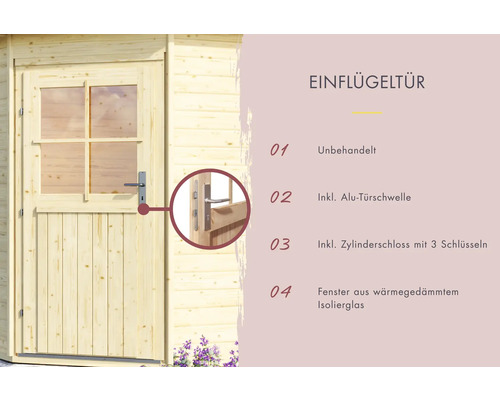 Einflügeltür aus unbehandeltem Holz mit Fenster aus wärmegedämmtem Isolierglas, inklusive Aluminium Türschwelle und Zylinderschloss mit drei Schlüsseln.