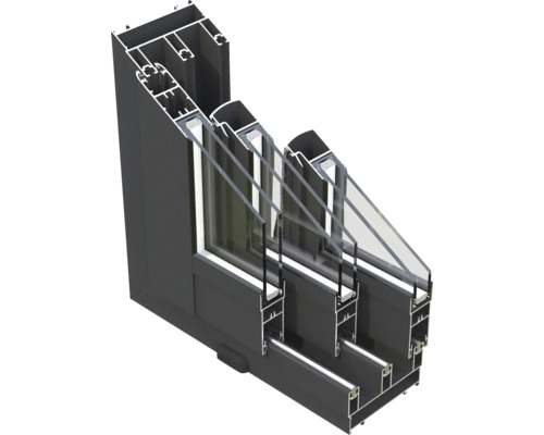 Schnittansicht eines Fensterrahmens mit Dreifachverglasung