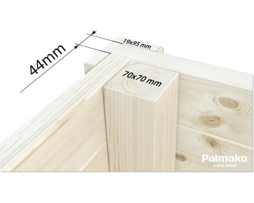 Detailansicht der Holzkonstruktion mit Maßangaben: 44 mm, 19 mal 95 mm und 70 mal 70 mm, Palmakko Logo