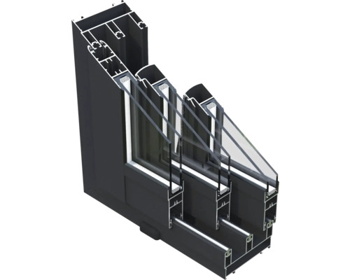 Querschnitt einer schwarzen Aluminiumfensterkonstruktion mit Dreifachverglasung