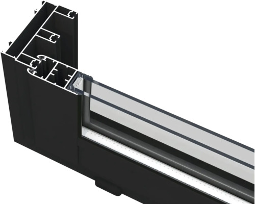 Detailansicht eines schwarzen Fensterprofils aus Aluminium mit Glas