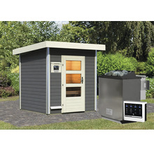 Saunahaus Karibu Opal 2 inkl.9 kW Bio Ofen u.ext.Steuerung mit Holztüre und Klarglas terragrau/weiß