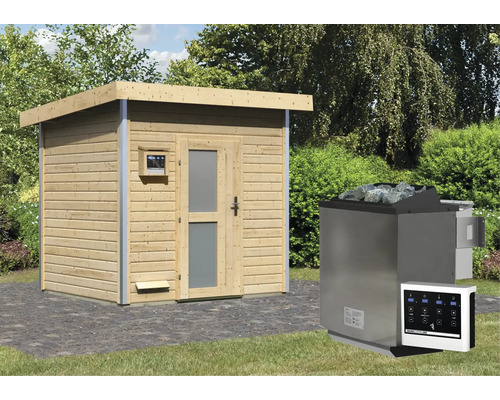 Garten Sauna mit Saunaofen und Steuerung im Garten