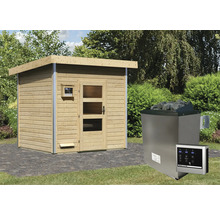 Außensauna mit Saunaofen und Steuerung im Garten