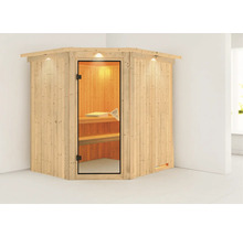 Elementsauna Karibu Petalit ohne Ofen mit Dachkranz und bronzierter Ganzglastüre