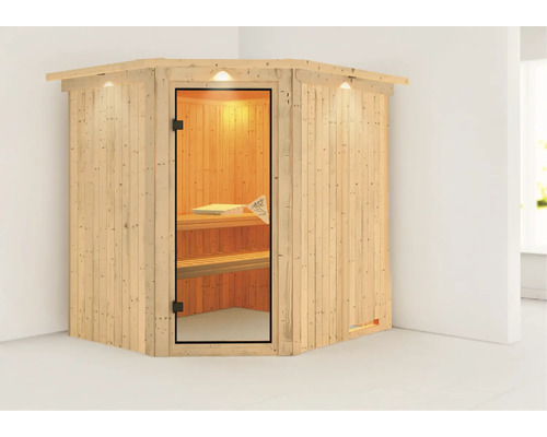Holzsauna mit Glastür und Innenbeleuchtung