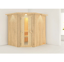 Elementsauna Karibu Petalit ohne Ofen mit Dachkranz und Holztüre mit Isolierglas wärmegedämmt