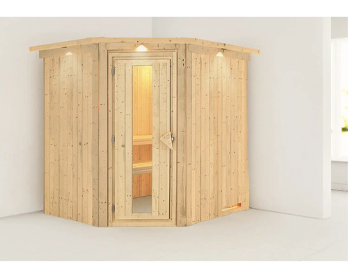 Ecksauna aus Holz mit Glastür und Innenbeleuchtung