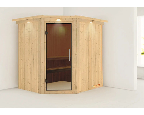 Ecksauna mit Glastür und Beleuchtung