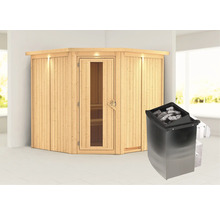 Elementsauna Karibu Piemon inkl. 9 kW Ofen u.integr.Steuerung mit Dachkranz und Holztüre mit Isolierglas wärmegedämmt