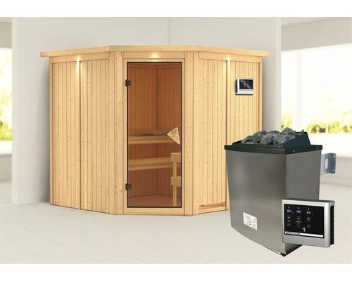 Ecksauna aus Holz mit Glastür und Saunaofen