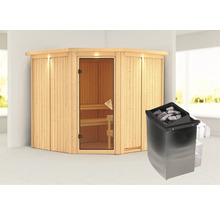 Elementsauna Karibu Piemon inkl. 9 kW Ofen u.integr.Steuerung mit Dachkranz und bronzierter Ganzglastüre