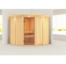 Elementsauna Karibu Piemon ohne Ofen mit Dachkranz und Ganzglastüre aus Klarglas
