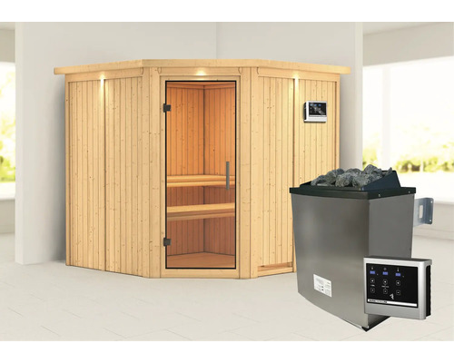 Holzsauna mit Glastür, Steuerung und Saunaofen