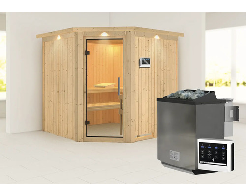 Ecksauna aus Holz mit Glastür, Saunasteuerung und Saunaofen