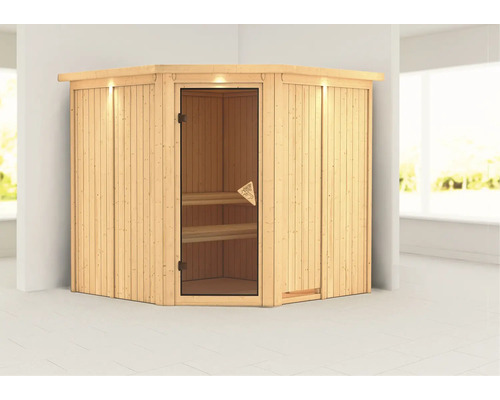 Ecksauna aus Holz mit Glastür und Innenbeleuchtung