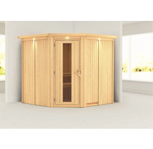 Elementsauna Karibu Piemon ohne Ofen mit Dachkranz und Holztüre mit Isolierglas wärmegedämmt