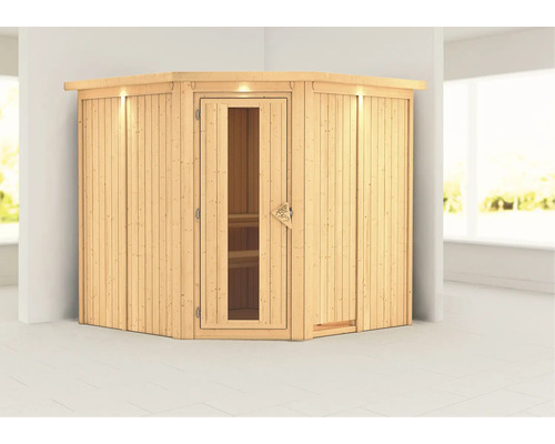 Ecksauna aus Holz mit Glastür