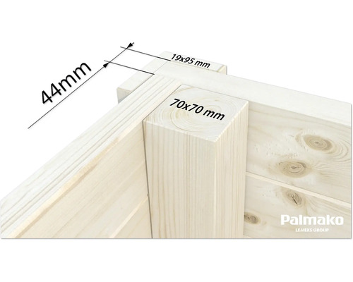 Detailansicht einer Holzecke mit Maßangaben für ein Blockhaus oder Gartenhaus, inklusive Palmako Logo