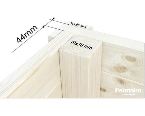 Detailansicht einer Holzkonstruktion mit Maßangaben: 44 mm, 19 x 95 mm und 70 x 70 mm. Palmakko Logo