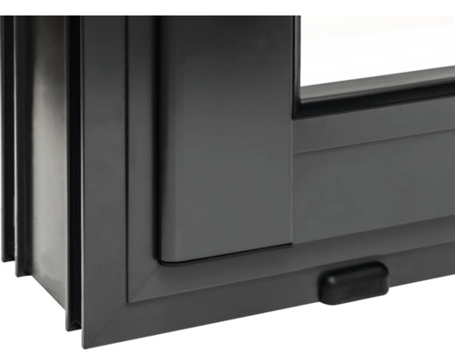 Detailansicht eines grauen Fensterrahmens.