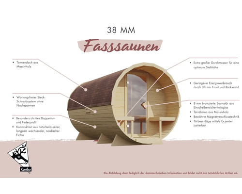 Abbildung einer 38 mm Fasssauna mit Dach aus Massivholz, wartungsfreiem Steckschraubsystem, Doppelnut und Federprofil, Tür aus Sicherheitsglas, Magnetverschluss und Türbeschlägen der Marke Karibu