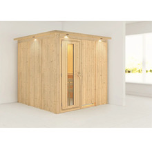 Elementsauna Karibu Rodina ohne Ofen mit Dachkranz und Holztüre mit Isolierglas wärmegedämmt