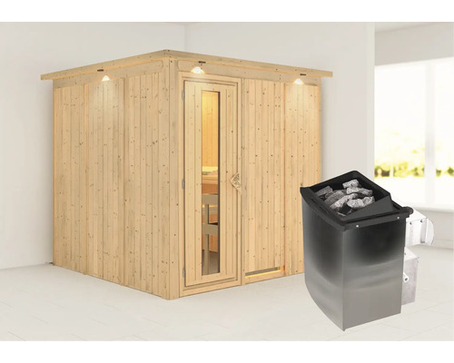 Holzsauna mit Saunaofen und Saunasteinen für den Innenbereich