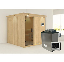 Elementsauna Karibu Rodina inkl. 9 kW Ofen u.ext.Steuerung mit Dachkranz und graphitfarbeneer Ganzglastüre