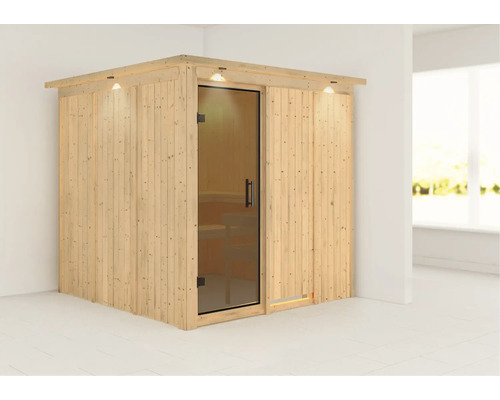 Sauna aus Holz mit Glastür und Beleuchtung