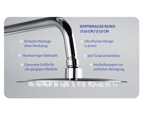 Runde Kopfbrause aus Edelstahl mit Antikalknoppen