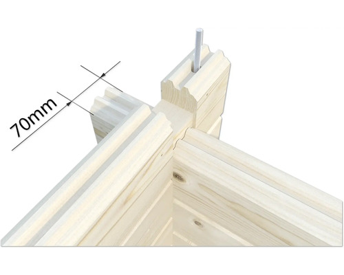 Detailansicht einer Eckverbindung aus Holz mit einer Angabe von 70 Millimeter.