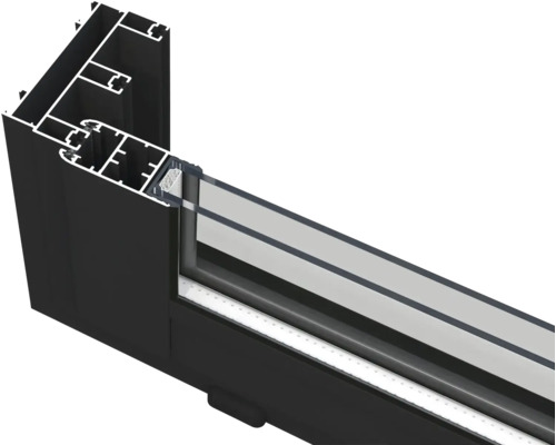 Detailansicht eines Fensterrahmens aus Aluminium.
